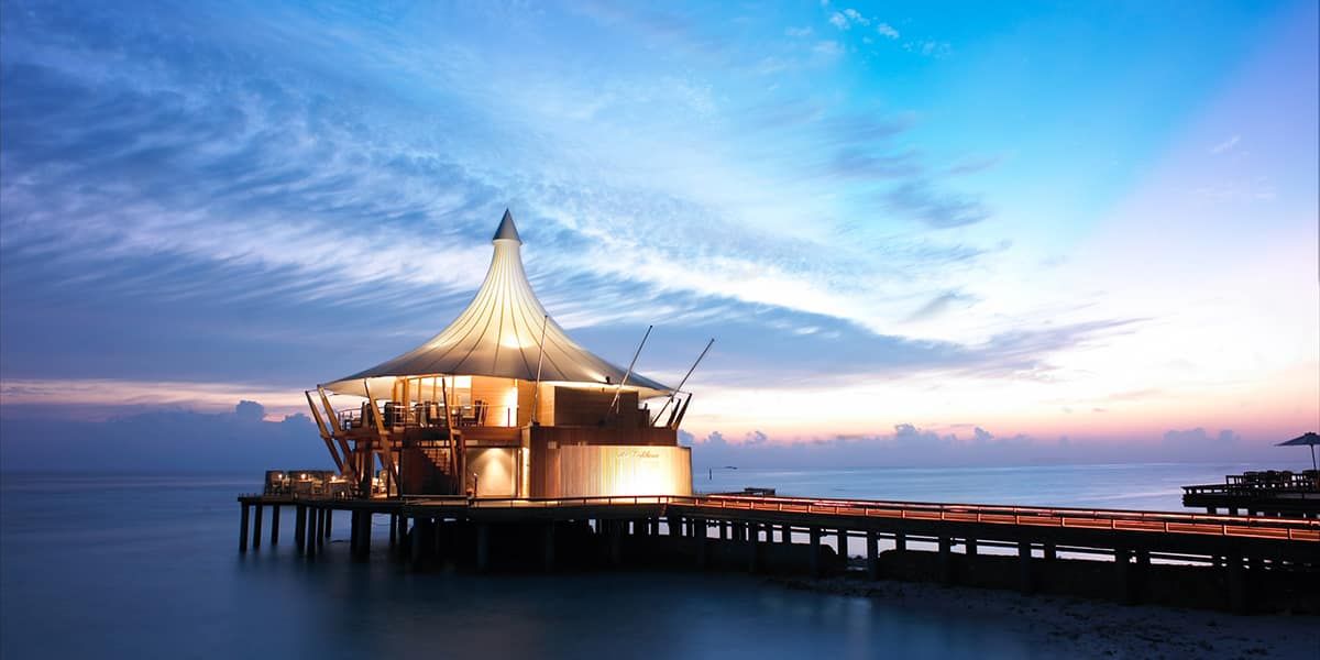 The Lighthouse restaurant on its jetty at twilight